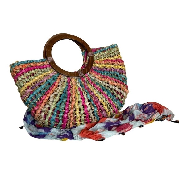 Cappelli Straworld Inc Purse, Multicolored, Wooden Handles, (scarf bonus!) - Picture 1 of 8